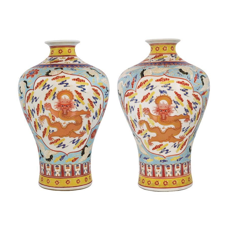 Multicolored Prunus Vases with the Patterns of Dragons, Happiness and Longevity Produced in the Early Period of the Republic of China (20th century) - CIMB-CAP-2203-018 & 019